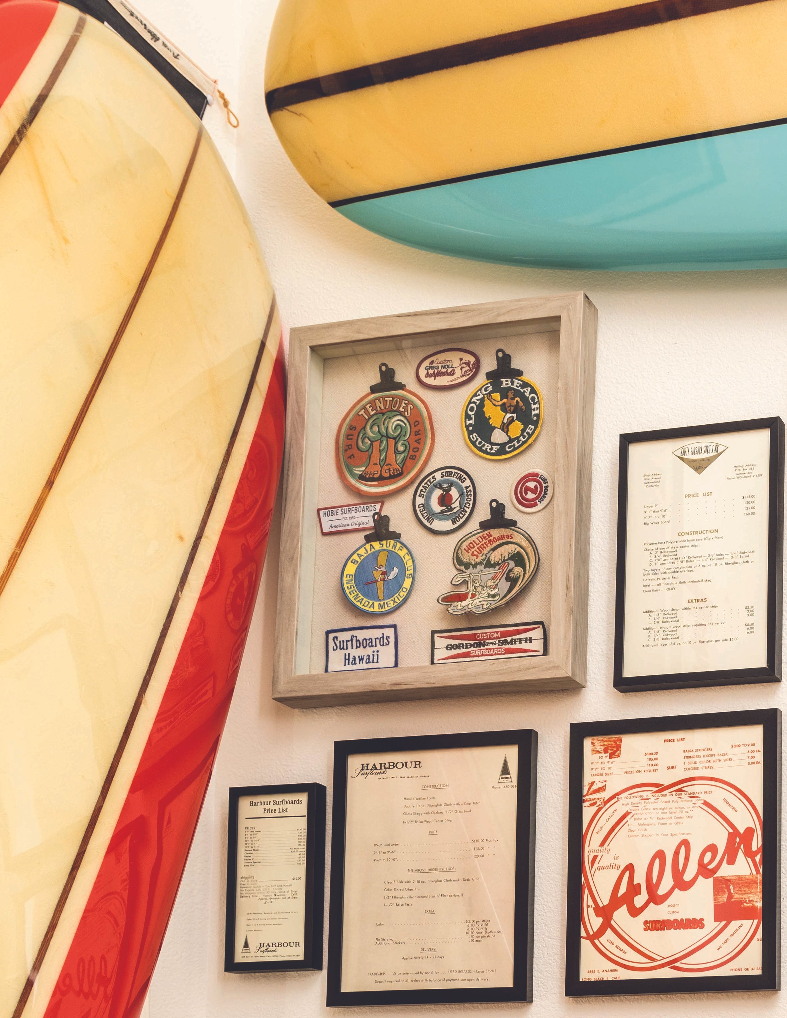 Vintage price sheets and patches adorn the walls next to hanging boards. (Photos by Brandon Miyagi.)