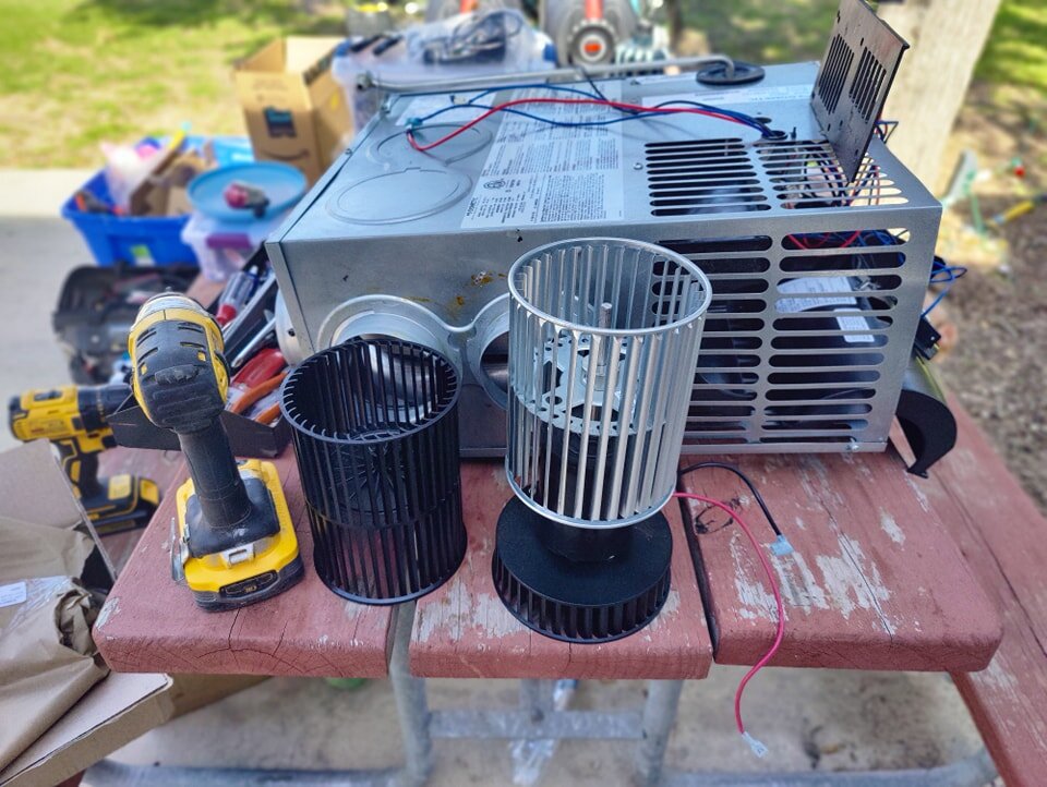 Great day for some maintenance.

Our furnace fan needed it's plastic squirrel cage  replaced after it busted into tiny pieces. I wanted to upgrade the squirrel cage (fan blades) to metal. It's so difficult to take out our furnace and work on it since