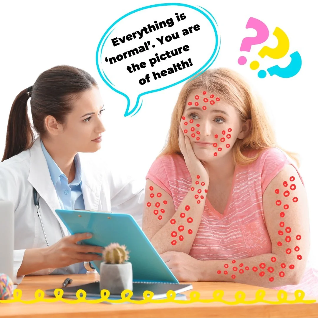 A doctor consults a woman with skin issues marked with red dots, saying that everything is normal and she's picture of health, with questioning icons above their heads, as the woman feels anything but normal - Happy & Healthy with Caro