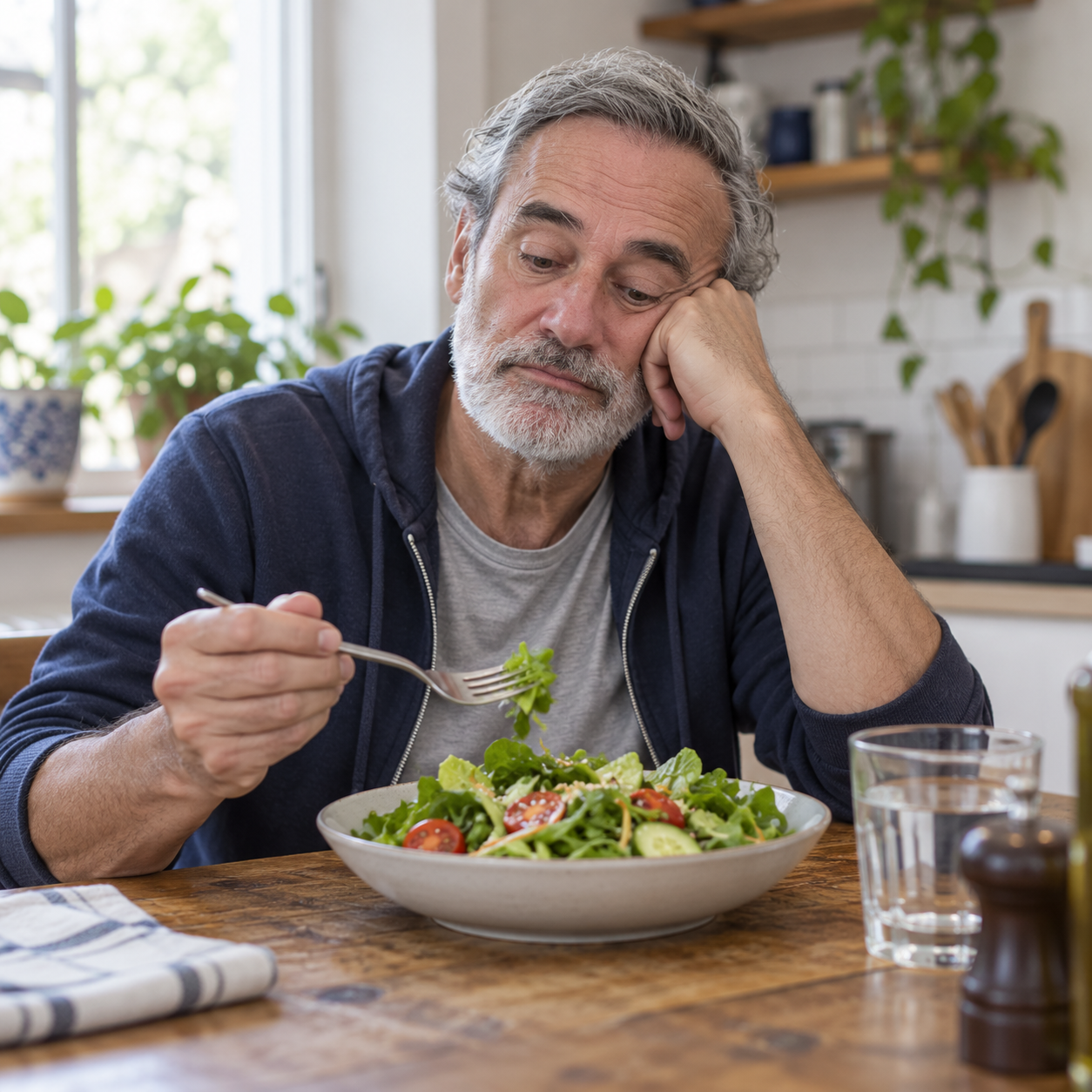 Happy Healthy Caro Man not excited by salad