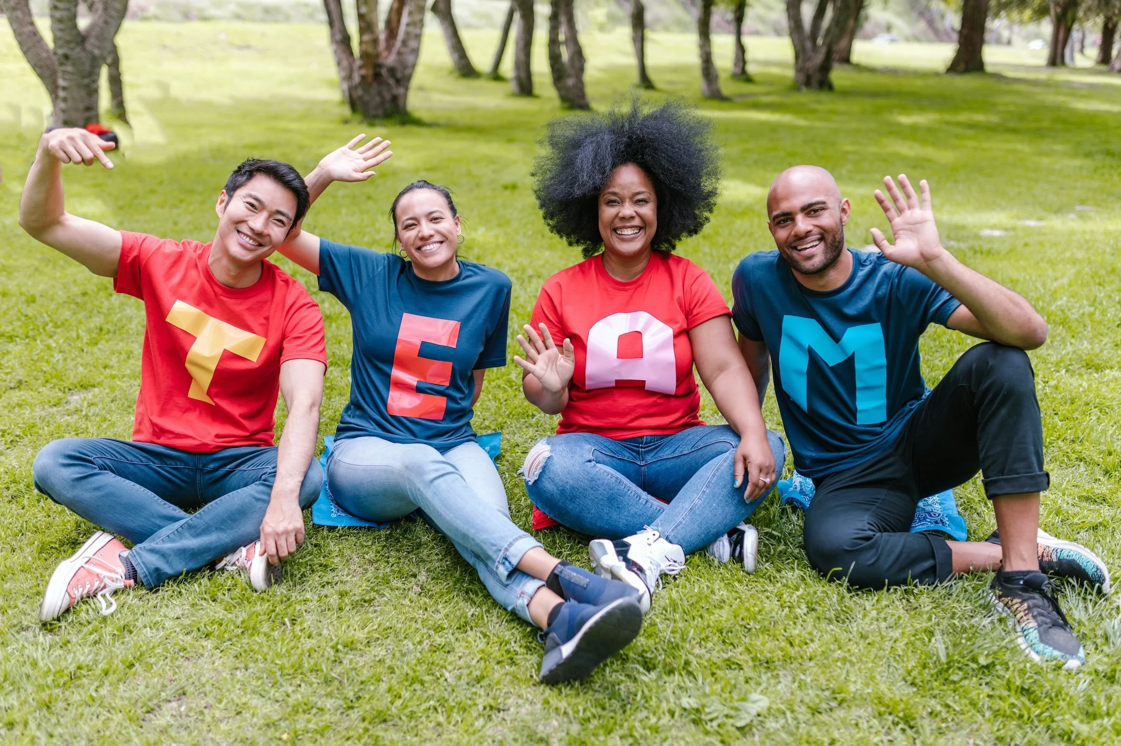 Four people sitting on grass in a park, wearing colorful T-shirts with letters that spell 'TEAM', smiling and waving - Happy & Healthy with Caro