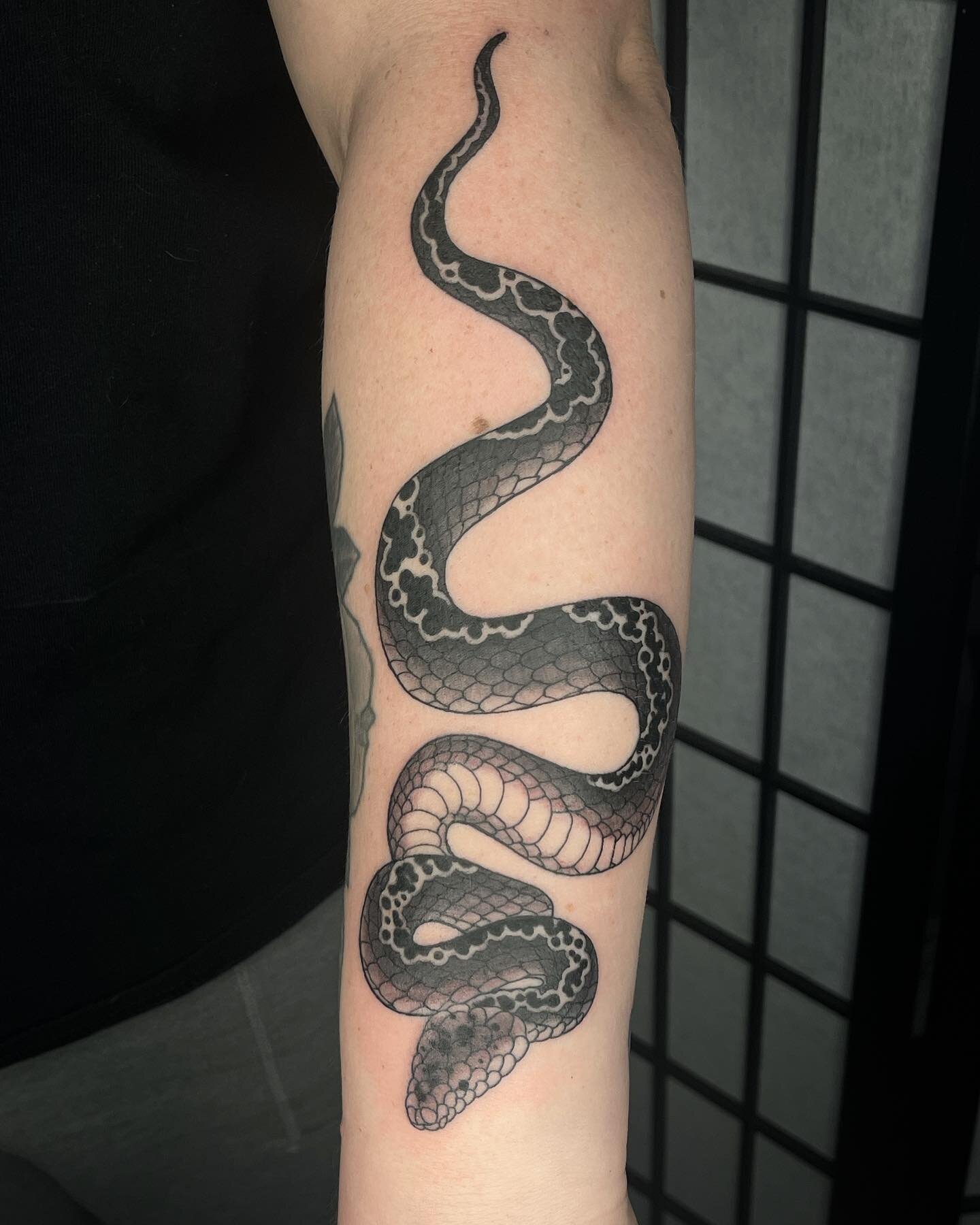 Snakes are a favorite motif for tattooing. Did you know that I used to have a snake? His name was Toby and he was a cinnamon colored ball python. His name wad inspired by the film Labyrinth. #snaketattoo #blackandgreytattoo #blackwork #blacktattoo #f