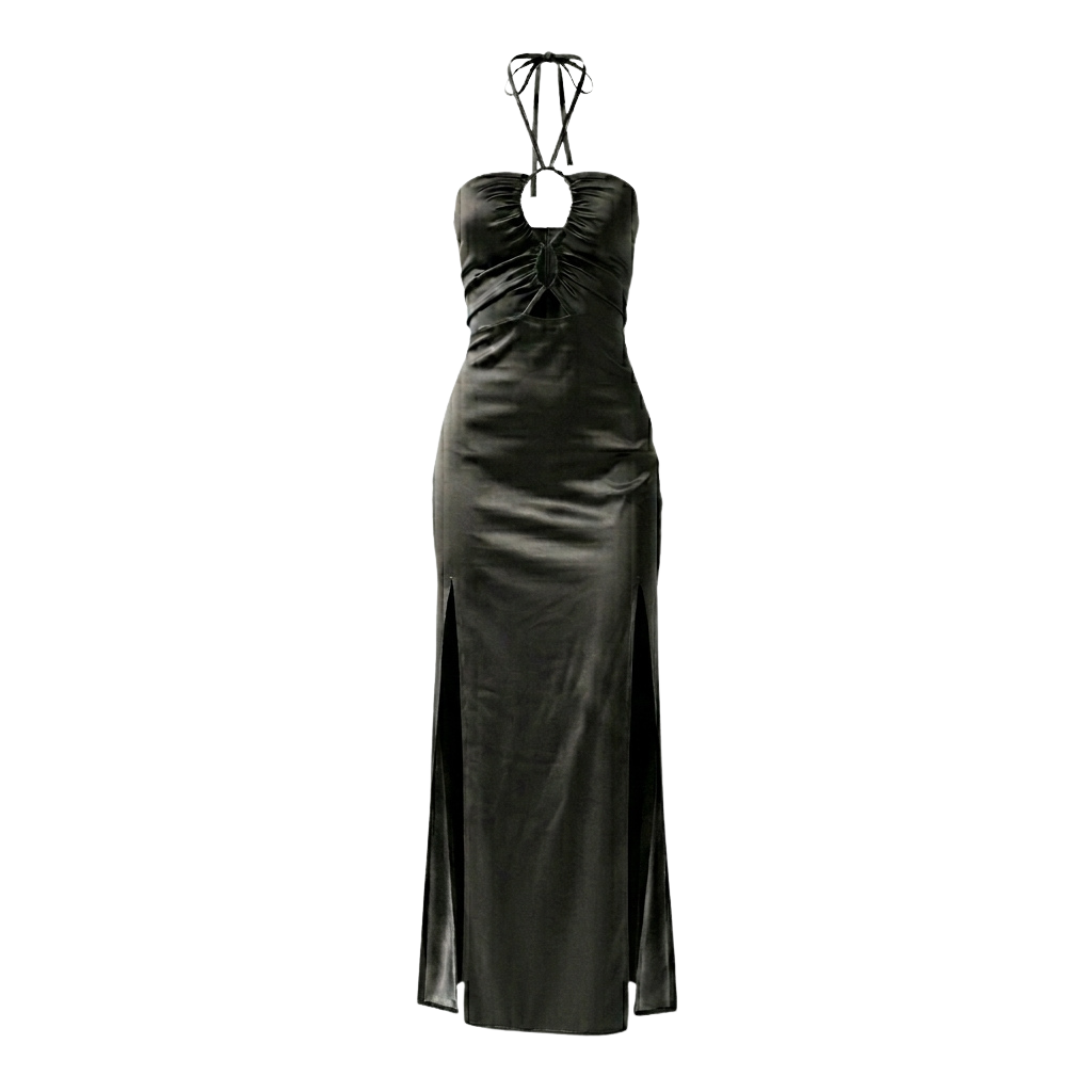 Black Satin Halter Dress