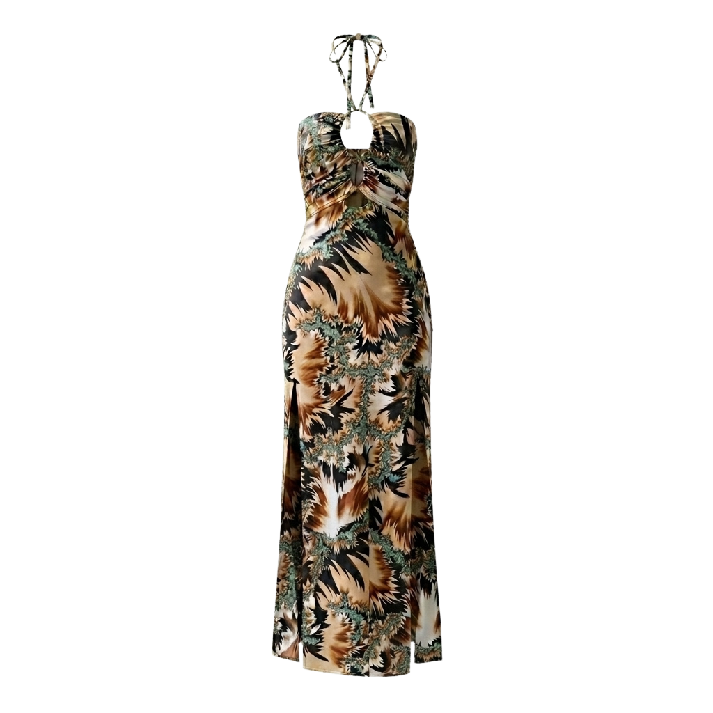 Abstract Satin Halter Dress