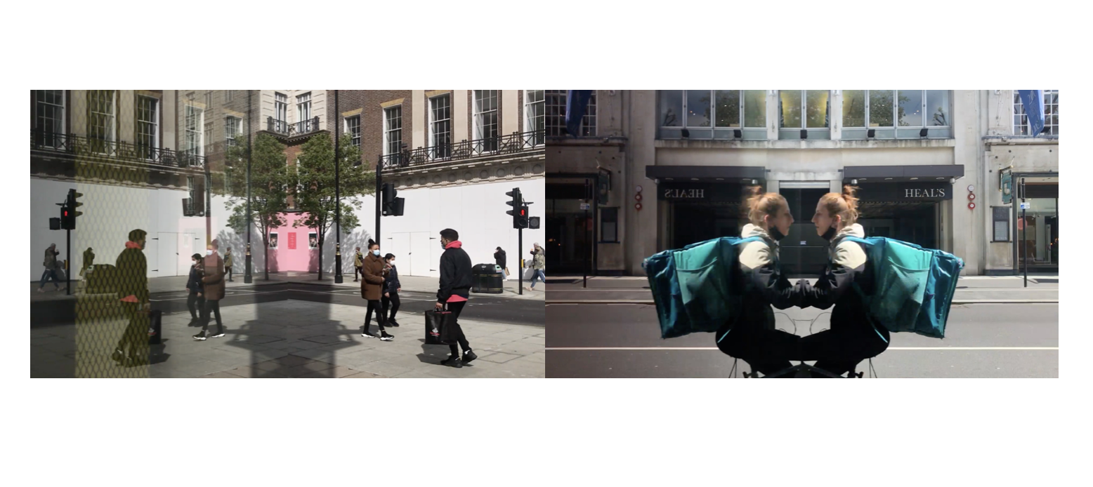 A collage of two urban street scenes. The left side shows people walking on a city sidewalk with some wearing masks, and buildings with tall windows in the background. The right side shows two women on a bicycle facing each other with backpacks. 