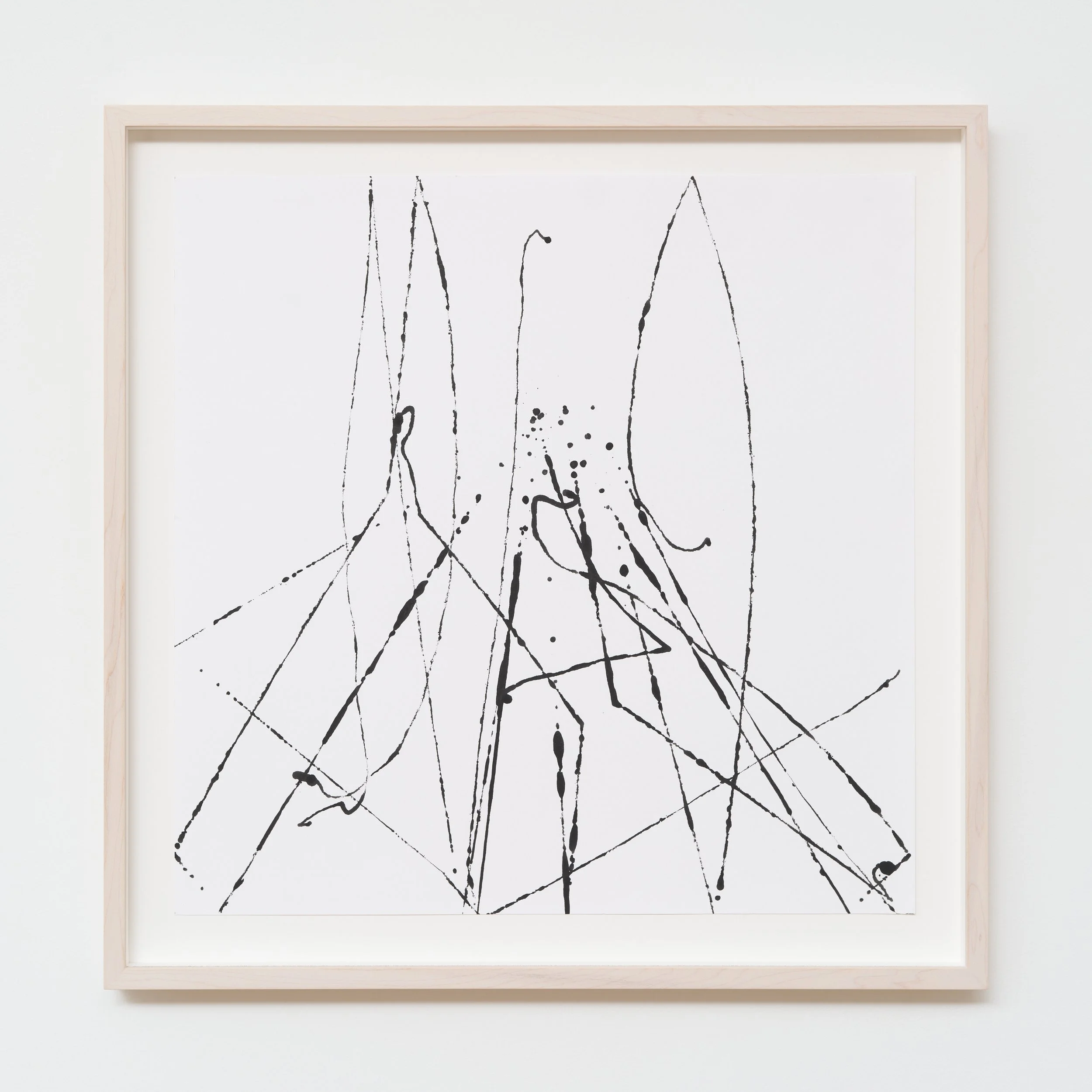 Abstract black ink lines and dots on white background in a wooden frame. Mark Wallinger’s show at Cedric Bardawil Gallery.