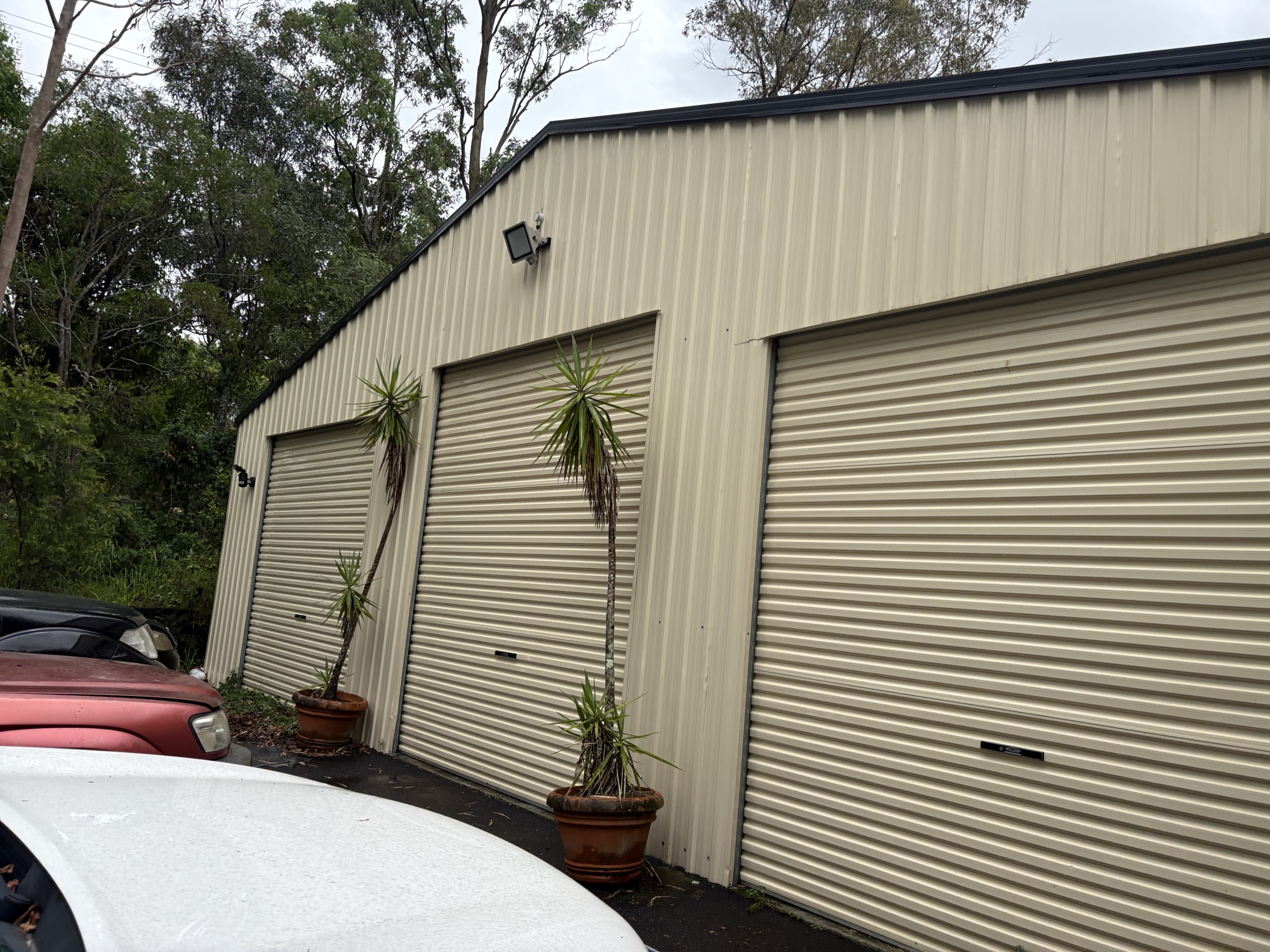 A beige industrial building with two closed roller doors and a third partially visible. There are three potted palm trees in front of the building and three cars parked nearby. A floodlight is mounted on the building's wall, and tall trees are in the