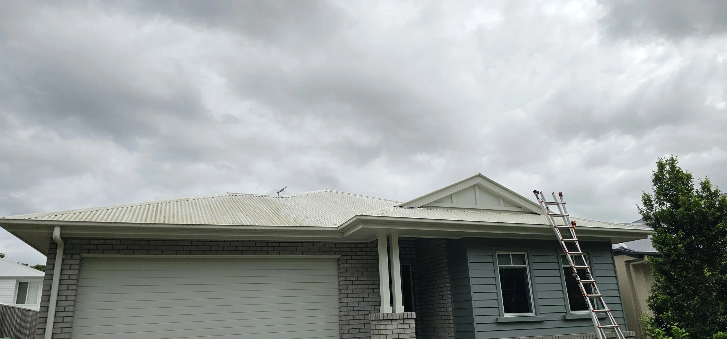 A house with a light-colored metal roof, brick and siding exterior, and a ladder leaning against the roof. A tree is visible on the right side under a cloudy sky.
