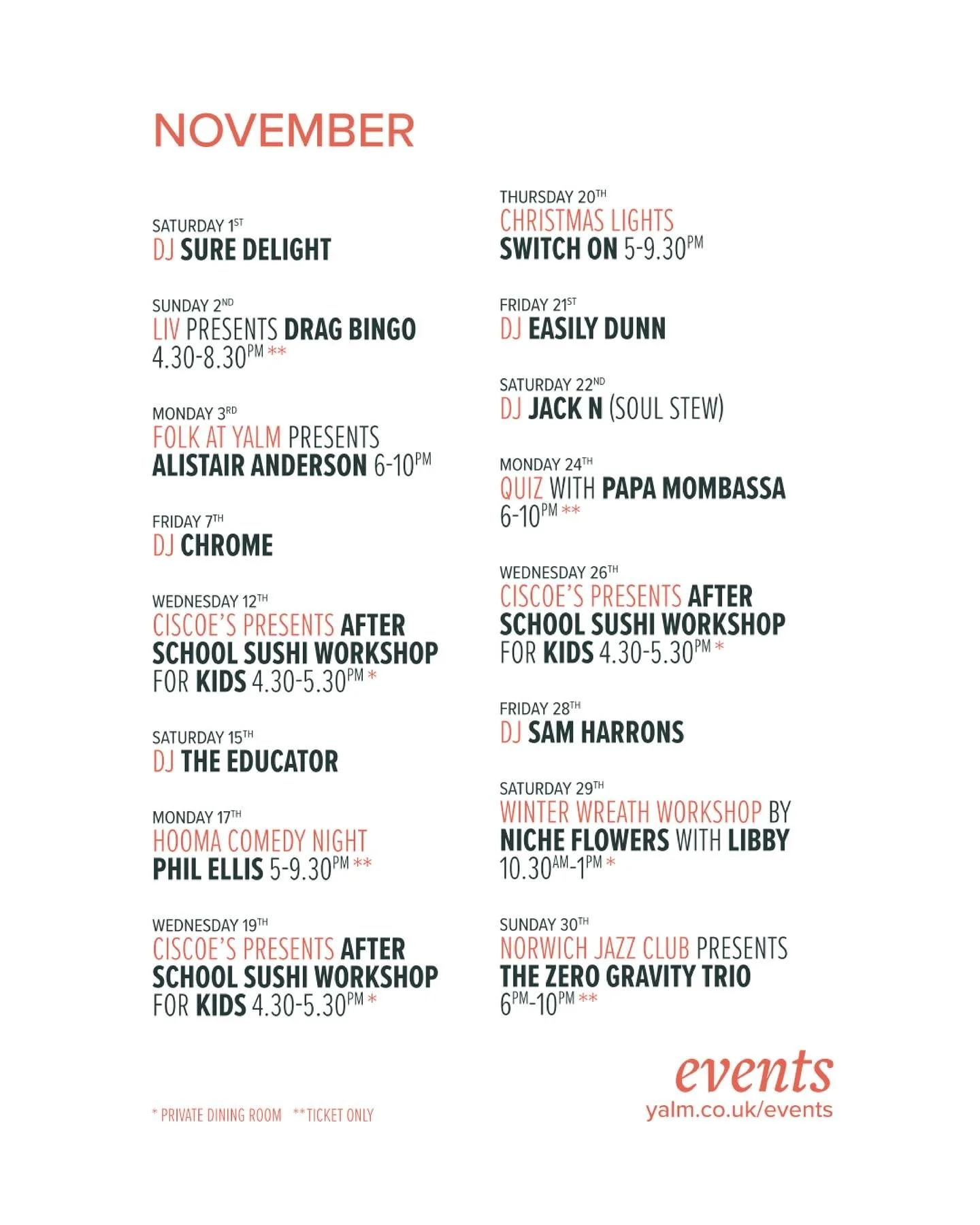 November at Yalm!

Wreath making workshops, afterschool kids sushi workshops, jazz club... there&rsquo;s lots happening this month.

#Yalm #LetsYalm #Norwich #NorwichBusiness #NorwichFood #NorwichLanes #NorwichRestaurant #NorwichRestaurants #Norfolk 