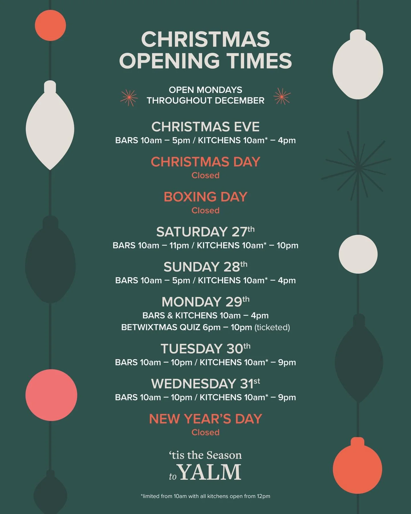 Christmas Opening Times at Yalm!

Remember we&rsquo;re open 10:00 - 22:00 on Mondays throughout December.

#Norwich #NorwichFood #NorwichRestaurant