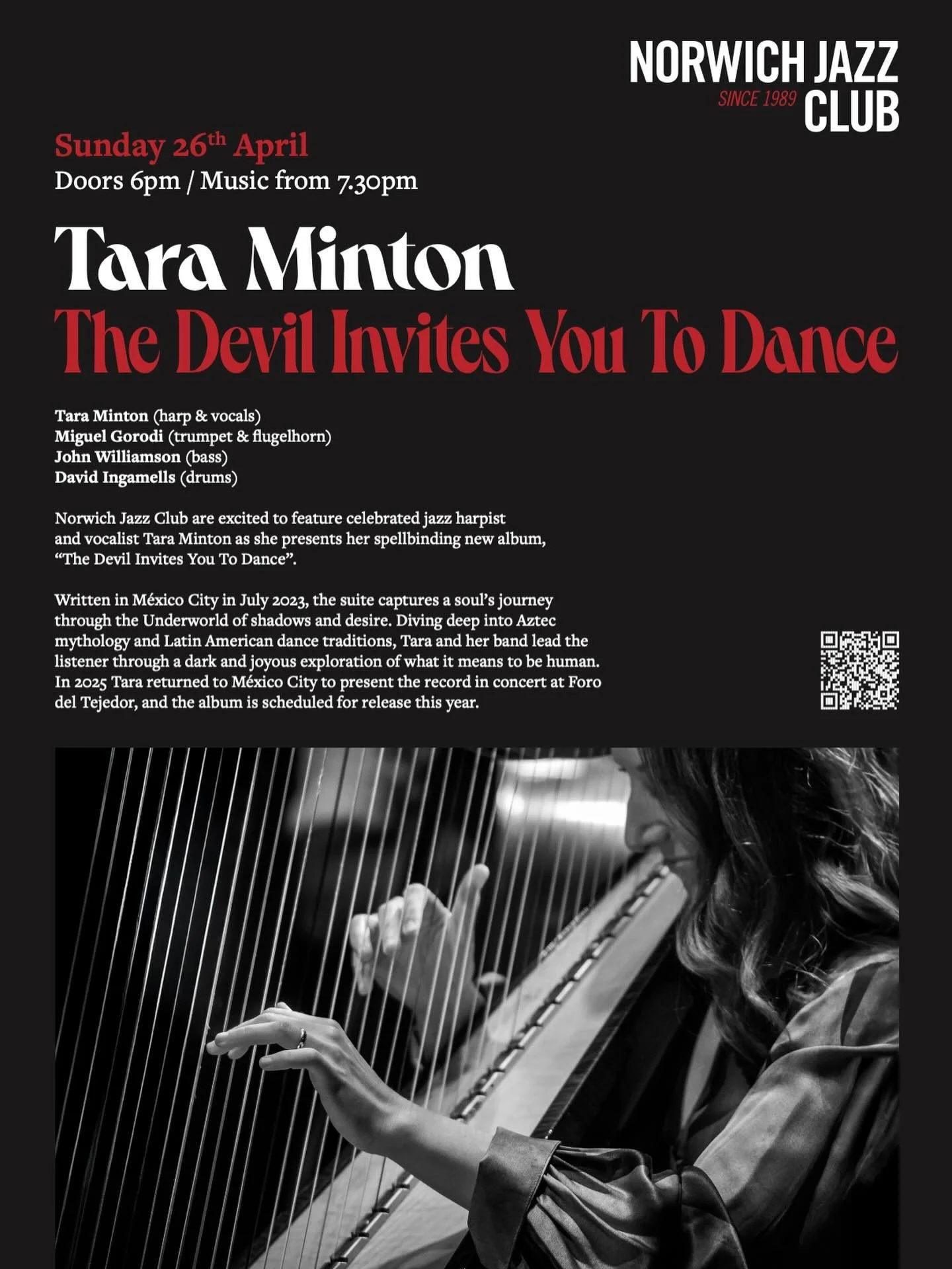 An evening of jazz, storytelling and something a little darker 

Norwich Jazz Club presents Tara Minton: The Devil Invites You To Dance 😈

Sunday 26 April
Music from 19:30&ndash;22:30 (doors from 18:00)

Expect harp, vocals and a full band bringing 