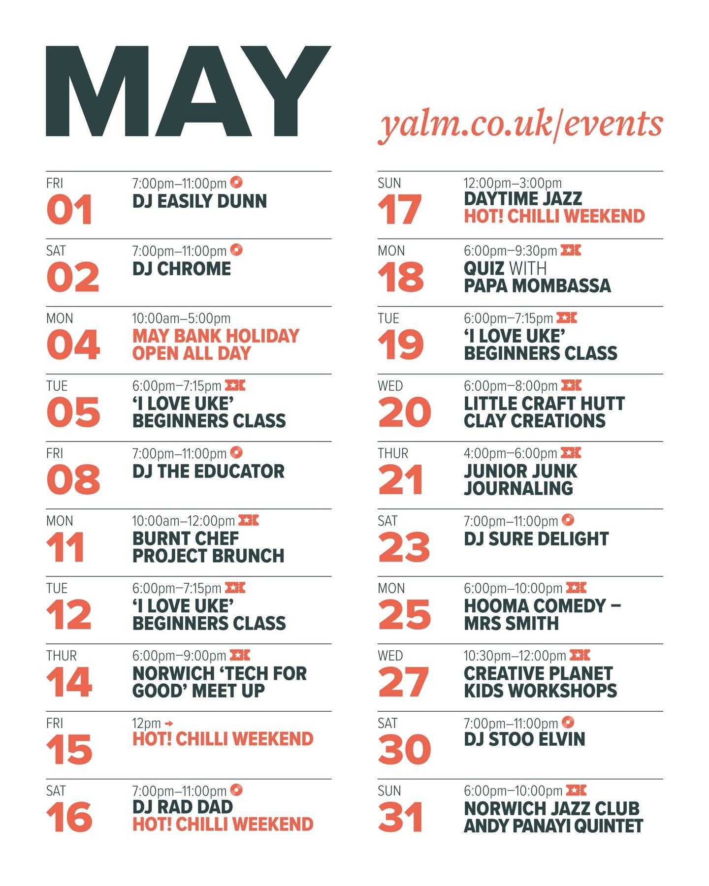 May is looking busy!

From tech meet-ups and creative workshops to live music, socials and our Hot Chilli Weekender 🌶️

Whatever your vibe, there&rsquo;s something happening at Yalm Food Hall all month long.

#Norwich
#NorwichFood
#NorwichRestaurant
