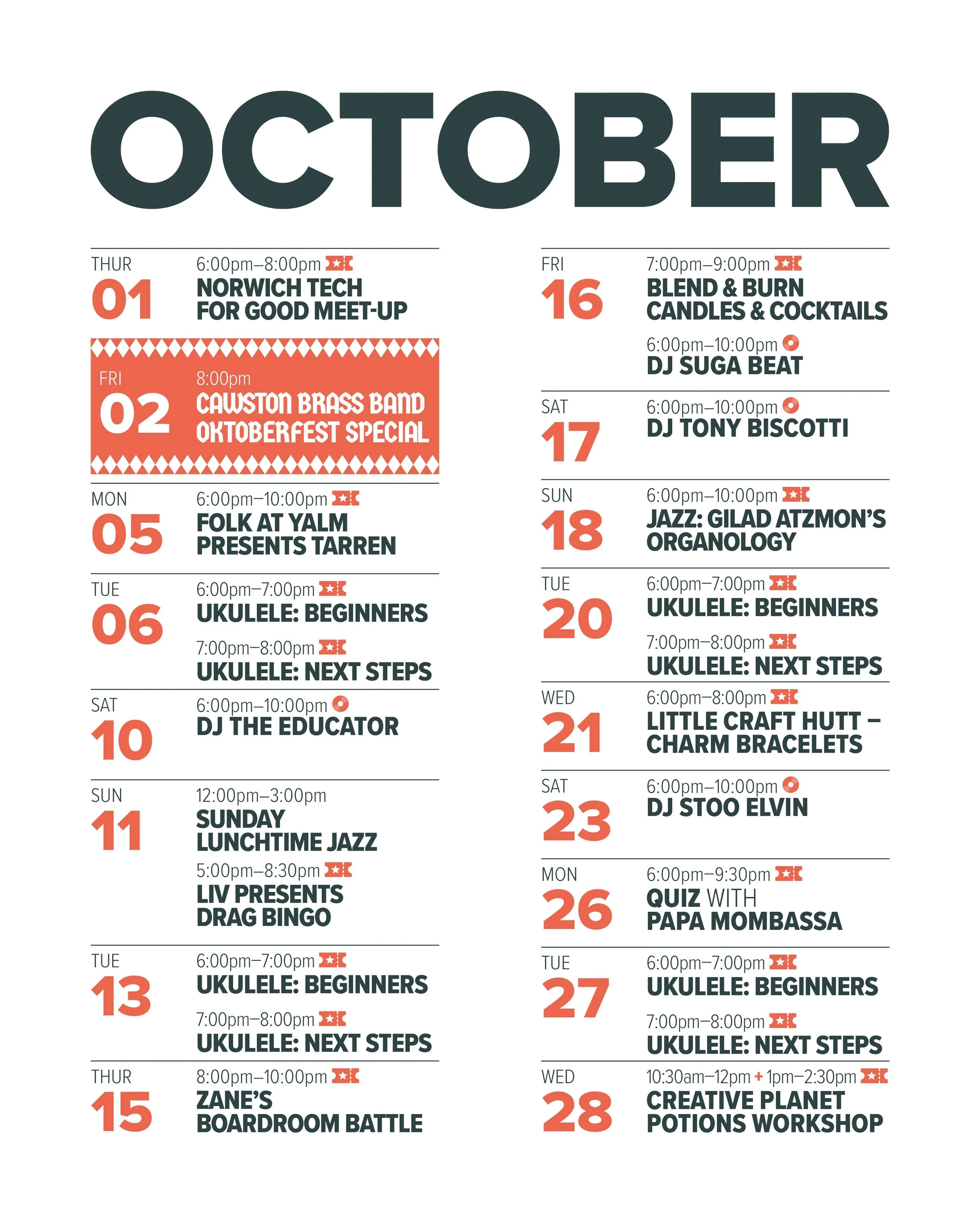 Here&rsquo;s what&rsquo;s on at Yalm for the rest of October.

Weekend DJs in the bar, Sunday jazz, drag bingo, and Zane&rsquo;s Boardroom Battle: a new game show night with quiz rounds, shuffleboard and darts. There&rsquo;s also a candle-making nigh