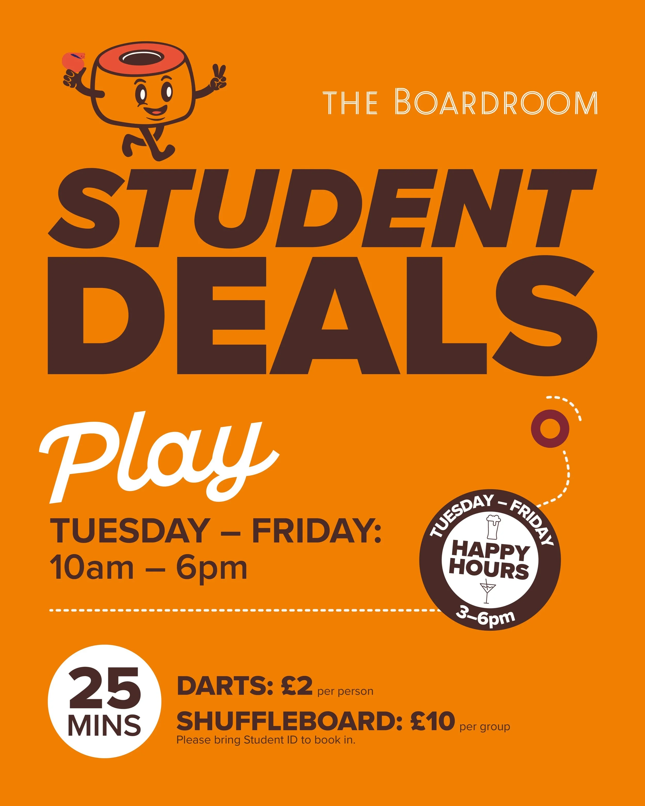 Student deals have landed in the Boardroom.

Lectures done for the day? Get a quick 25-minute game of darts or shuffleboard in, Tuesday to Friday, 10am&ndash;6pm. The board keeps score, the kitchens are right there, and happy hours run 3&ndash;6pm.

