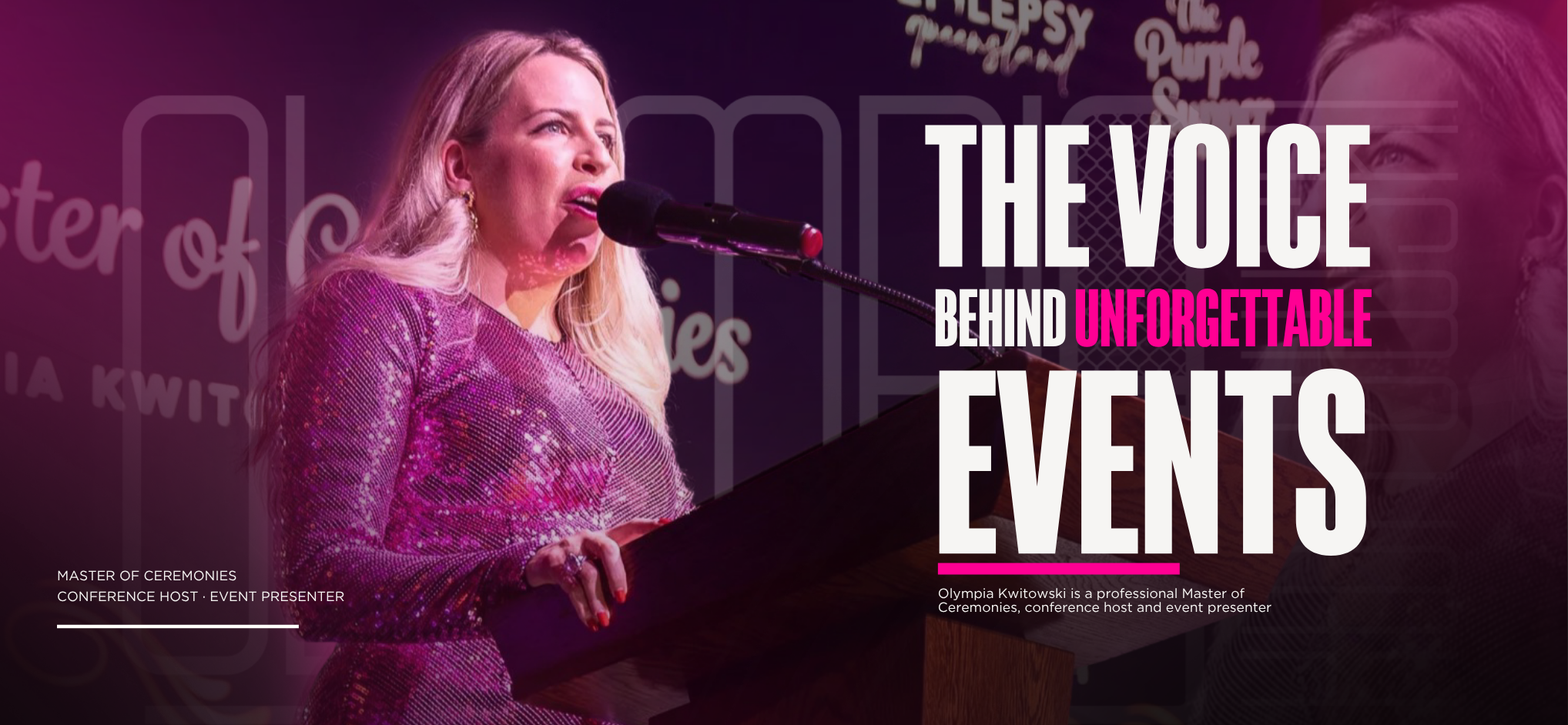 Olympia Kwitowski — Master of Ceremonies, Conference Host, Event Presenter. The voice behind unforgettable events.
