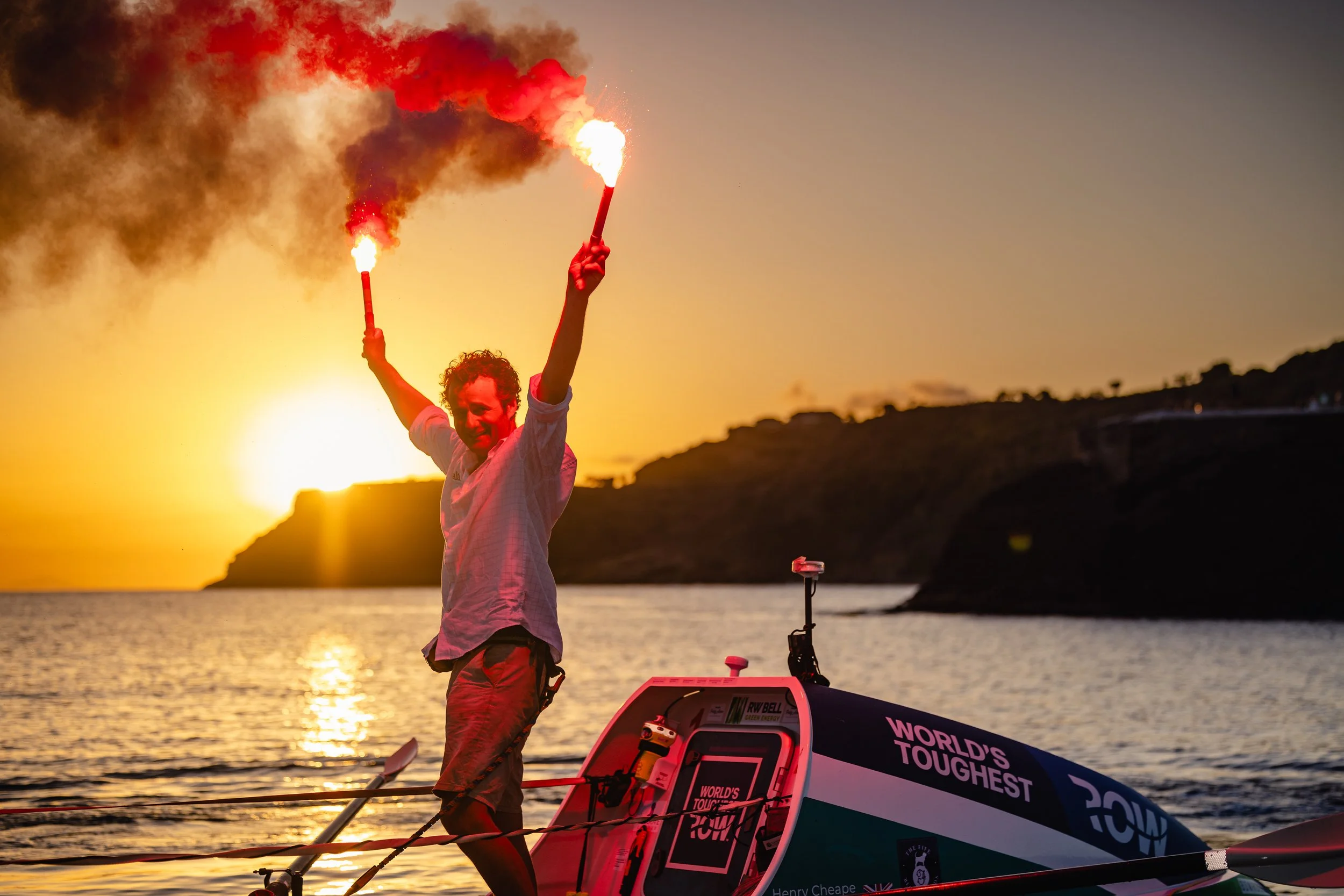 Henry Cheape finishing rowing solo across the atlantic
