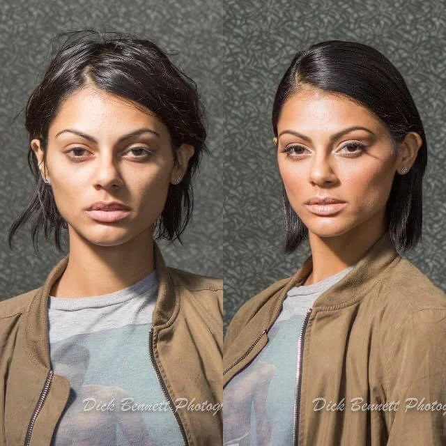 Side-by-side comparison of a woman before and after makeup or styling, showing improved skin, hair, and overall appearance.