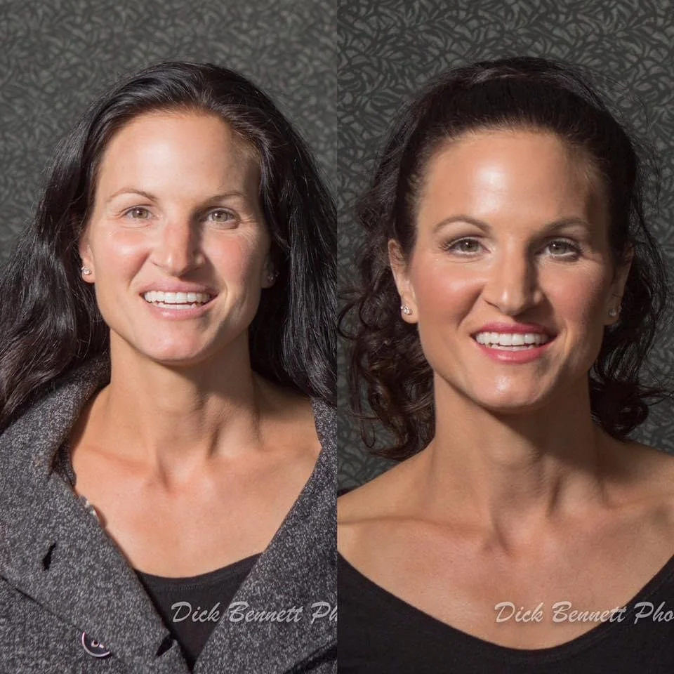 Side-by-side comparison of two women, one with long black hair and one with short curly dark brown hair, both smiling against a patterned gray background.