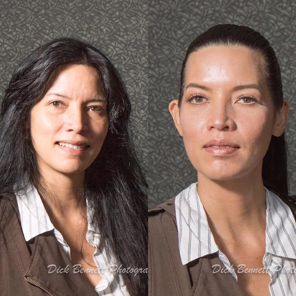Side-by-side portraits of two women, one with long black hair and the other with dark brown hair pulled back, both wearing white and brown collared shirts, against a dark patterned background.