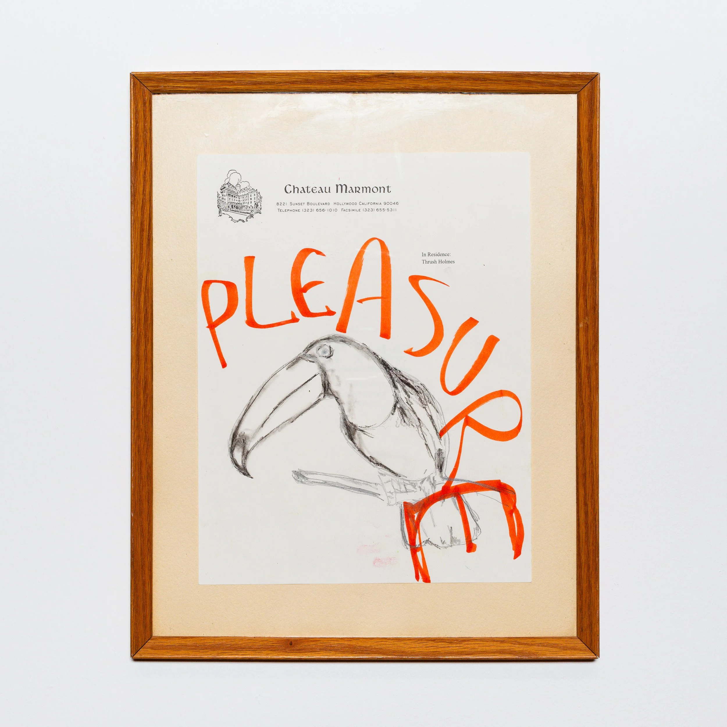 A framed poster with a drawing of a bird and some handwritten orange text, mounted on a plain white wall.
