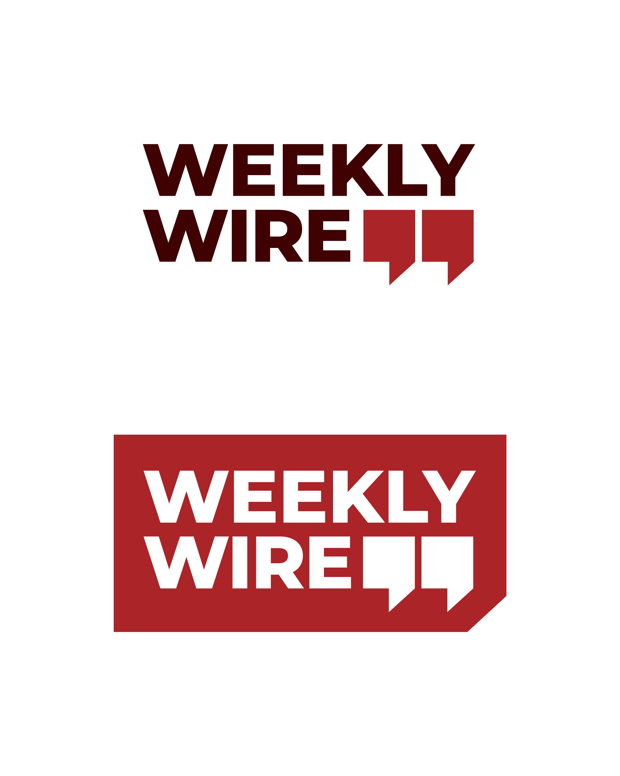 Logo with the text 'Weekly Wire' in bold, dark red and white, enclosed in speech bubbles, on a white background.