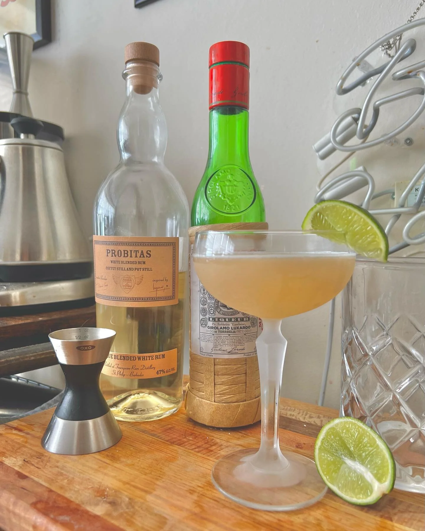 Hemingway Daiquiri, to commemorate finally getting around to reading the guy. Probitas rum, Luxardo, grapefruit, lime, touch of demerara for some caramel. Little something to smooth over some of the dull ache that this book dredges up. 

Also what th