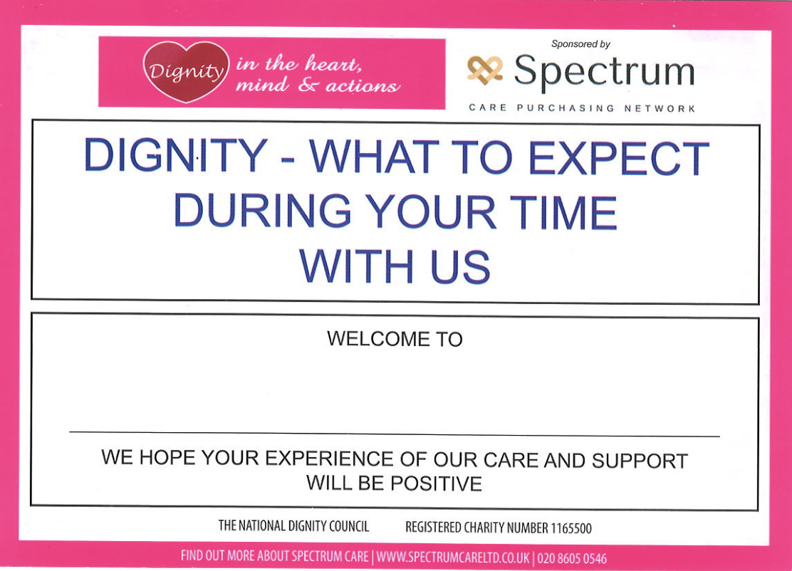 Spectrum Care Supports The National Dignity Council with the dissemination of their Dignity Cards: A Commitment to promote dignity in care.