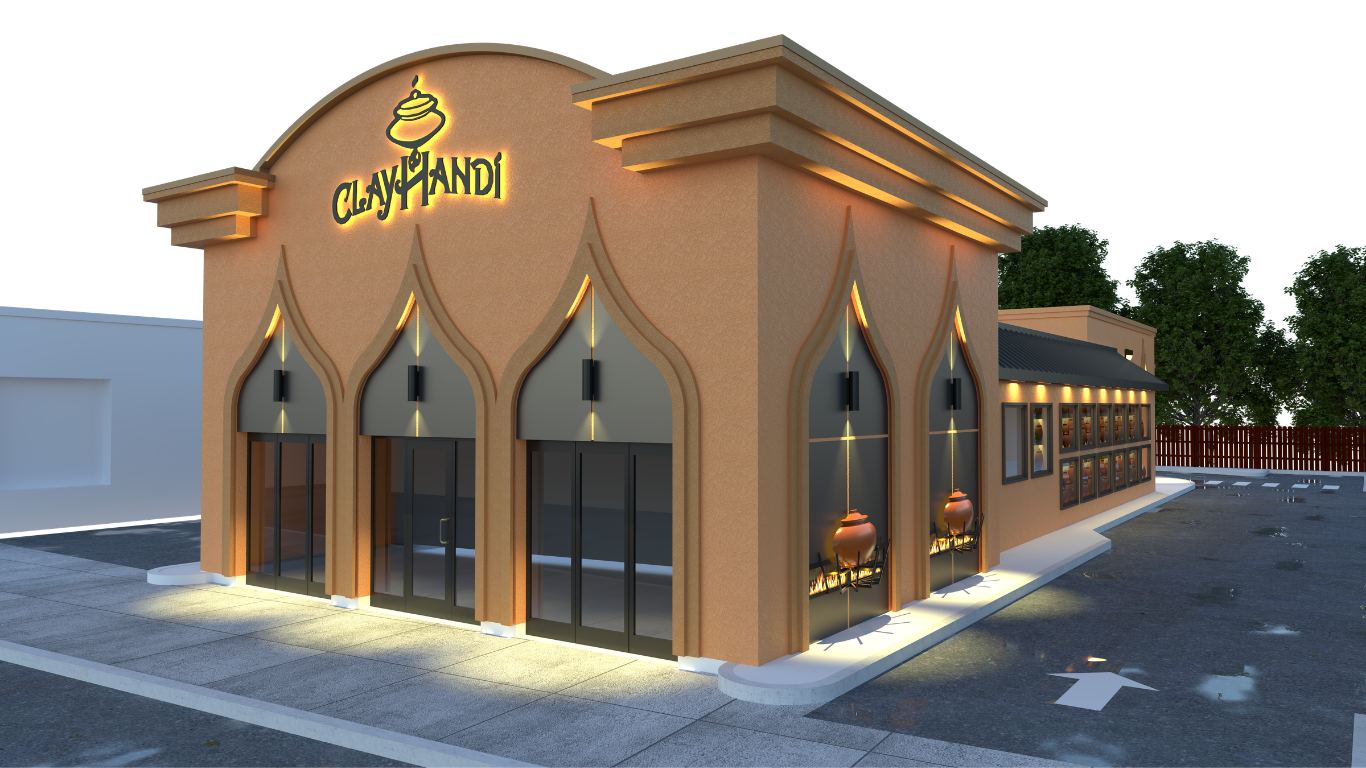 Rendering of a restaurant building with a tan exterior, decorative arches above the doors, and illuminated signage reading 'Clayhandi.' The building features large glass doors and windows, with exterior lighting highlighting the architectural details. There are potted plants and a small outdoor seating area on the side.