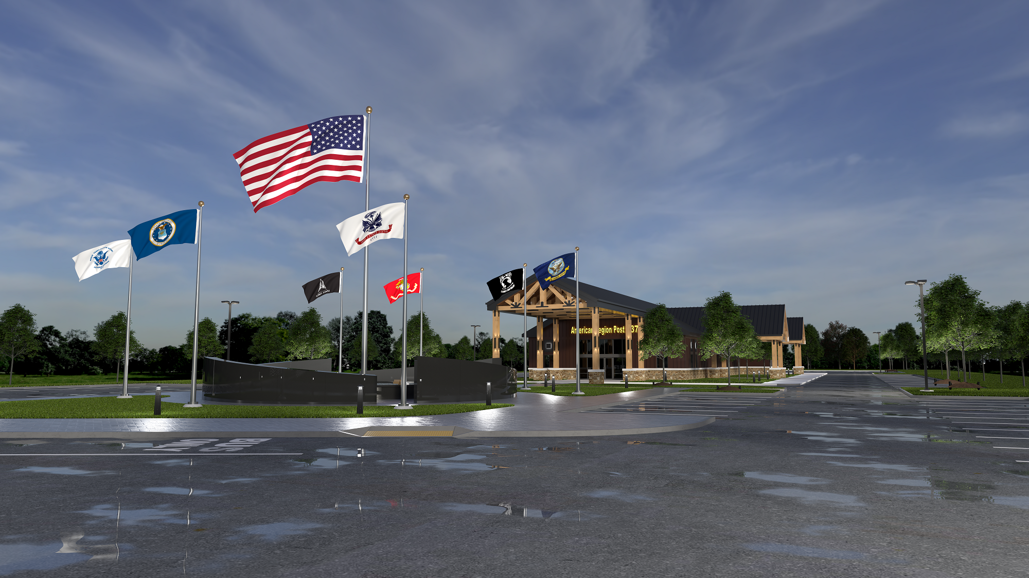 Empty parking lot with puddles, American flags, and a building with a sign that reads 'American Legion Post 37' under a partly cloudy sky.