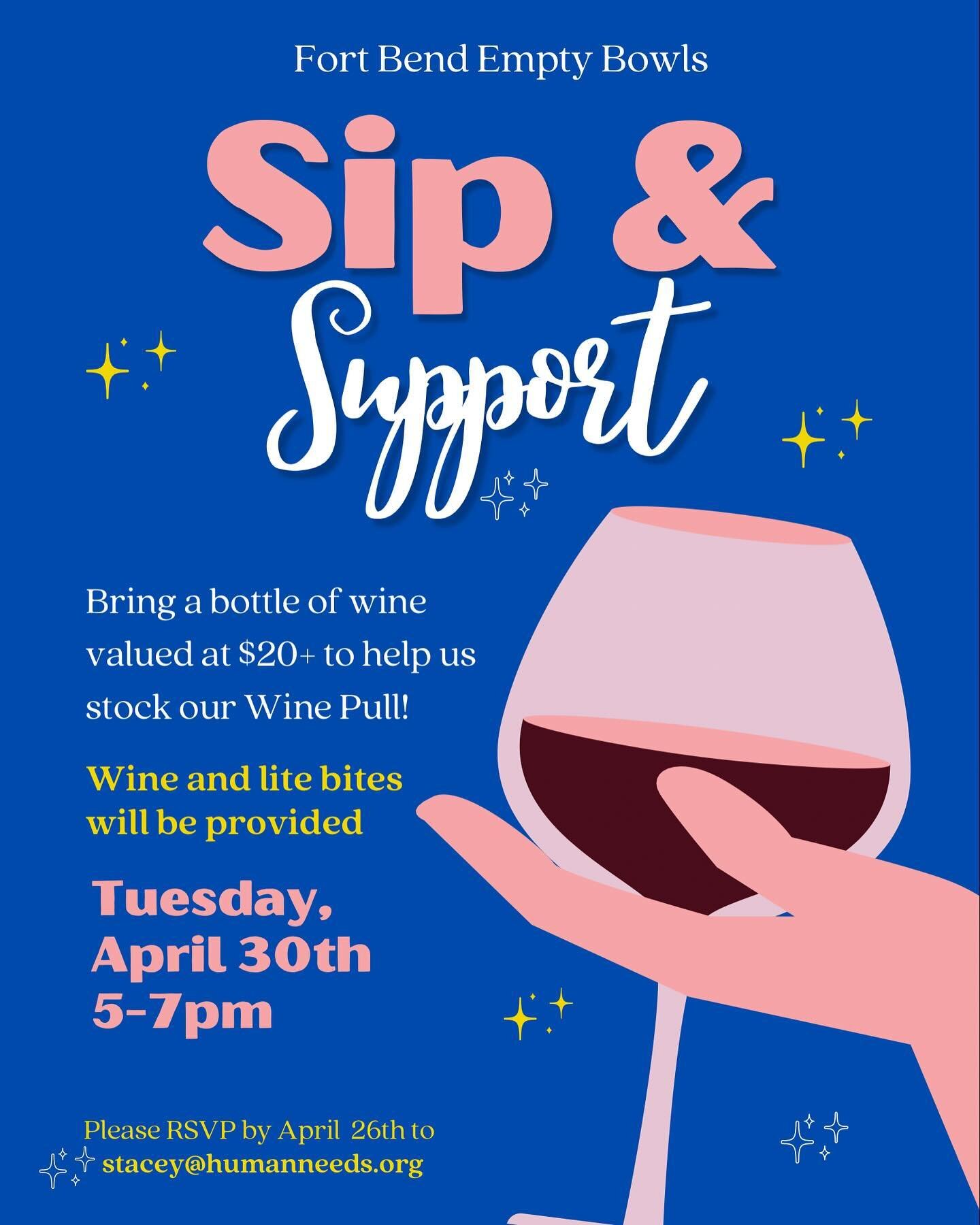 Help us fill our Wine Pull for Empty Bowls and enjoy an evening with our Committee! We&rsquo;ll have snacks and beverages, but we&rsquo;re asking attendees to bring a bottle of wine valued at $20+. 

Reach out to Stacey@humanneeds.org for more inform