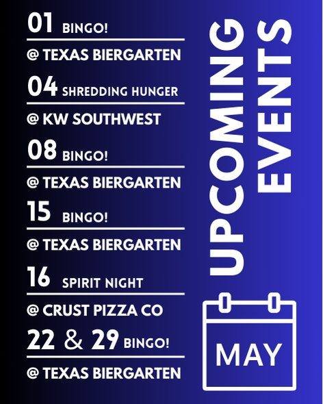 May is here and it is looking to be a busy month for EFBHNM! We have several fundraising events this month and we'd love to see you there!

✨ Every Wednesday: Bingo at @txbrgtn 
✨ Saturday, May 4: Shred Day at @kwsouthwest 
✨ Thursday, May 16: Spirit