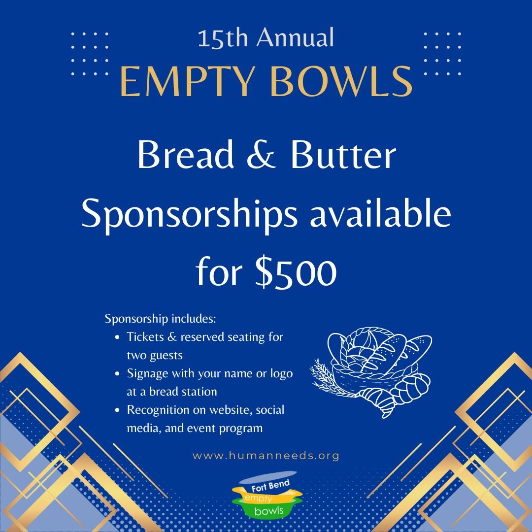 Are you interested in a smaller way to sponsor Empty Bowls? The Bread &amp; Butter sponsorship is a great way to start! You and a guest will have reserved seating and your name or company logo will be included at a Bread Station and various publicity