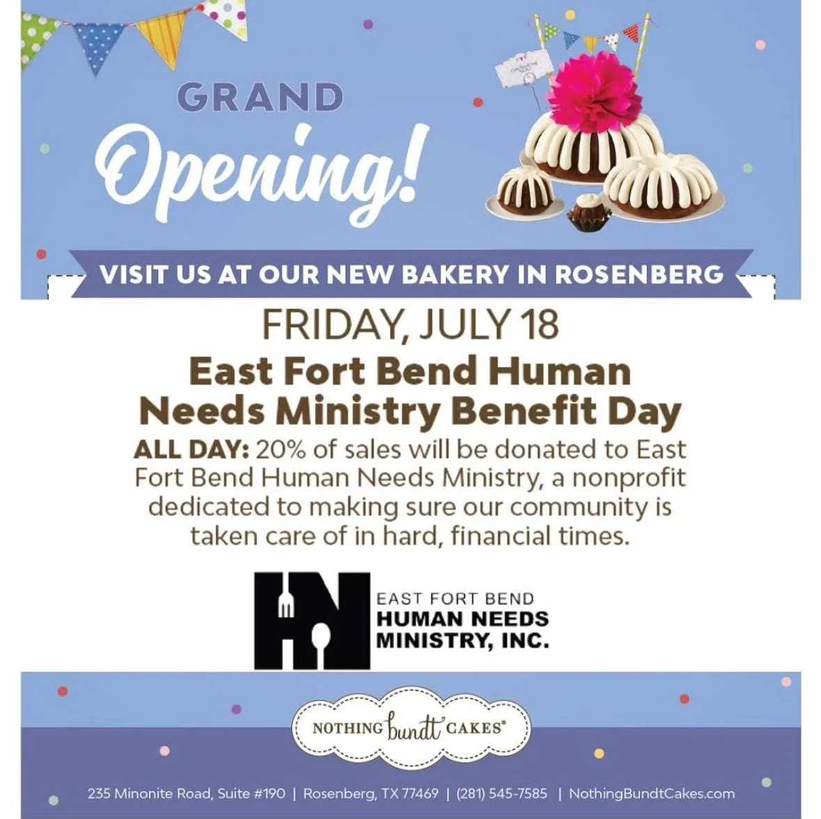 🎉 Grand Opening Give-Back Day! 🎉
We&rsquo;re thrilled to share some sweet news! 🍰

Our friends from Nothing Bundt Cakes Sugar Land and Nothing Bundt Cakes Aliana are opening their 3rd location in Fort Bend County - Rosenberg to be exact &mdash; an