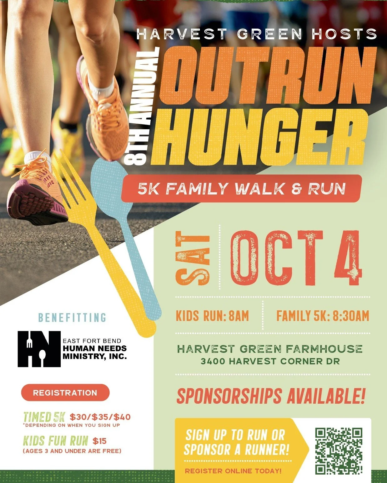 Our 8th annual OutRun Hunger 5K returns to the beautiful Harvest Green neighborhood on Saturday October 4!

With over 700 runners and spectators, this event is an incredible opportunity for local businesses and families to connect, give back, and mak