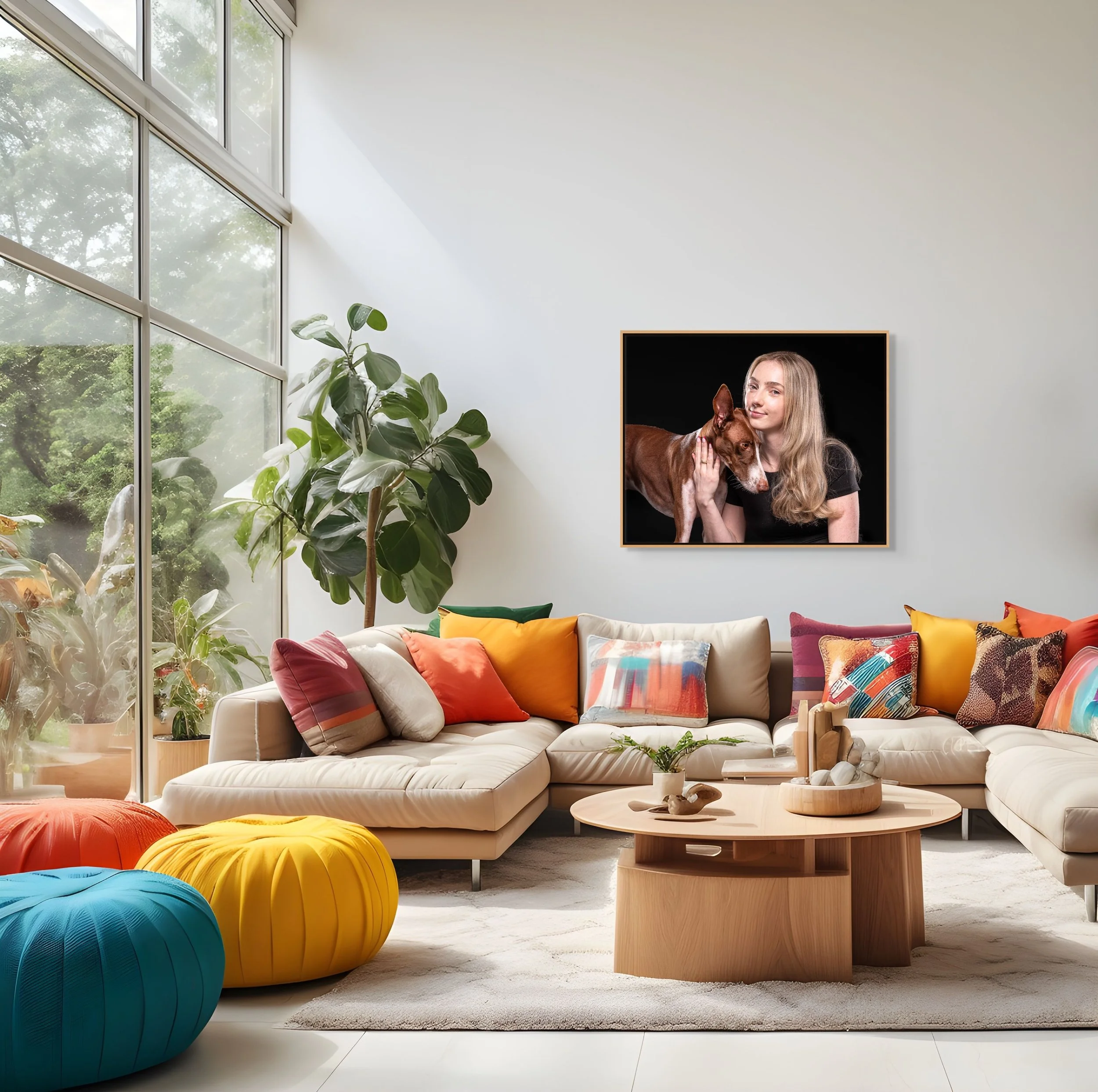 A living room with a white sofa surrounded by colorful bean bag chairs, including blue, yellow, red, and patterned ones. There are wooden tables and large windows letting in natural light, with green plants visible inside and outside.