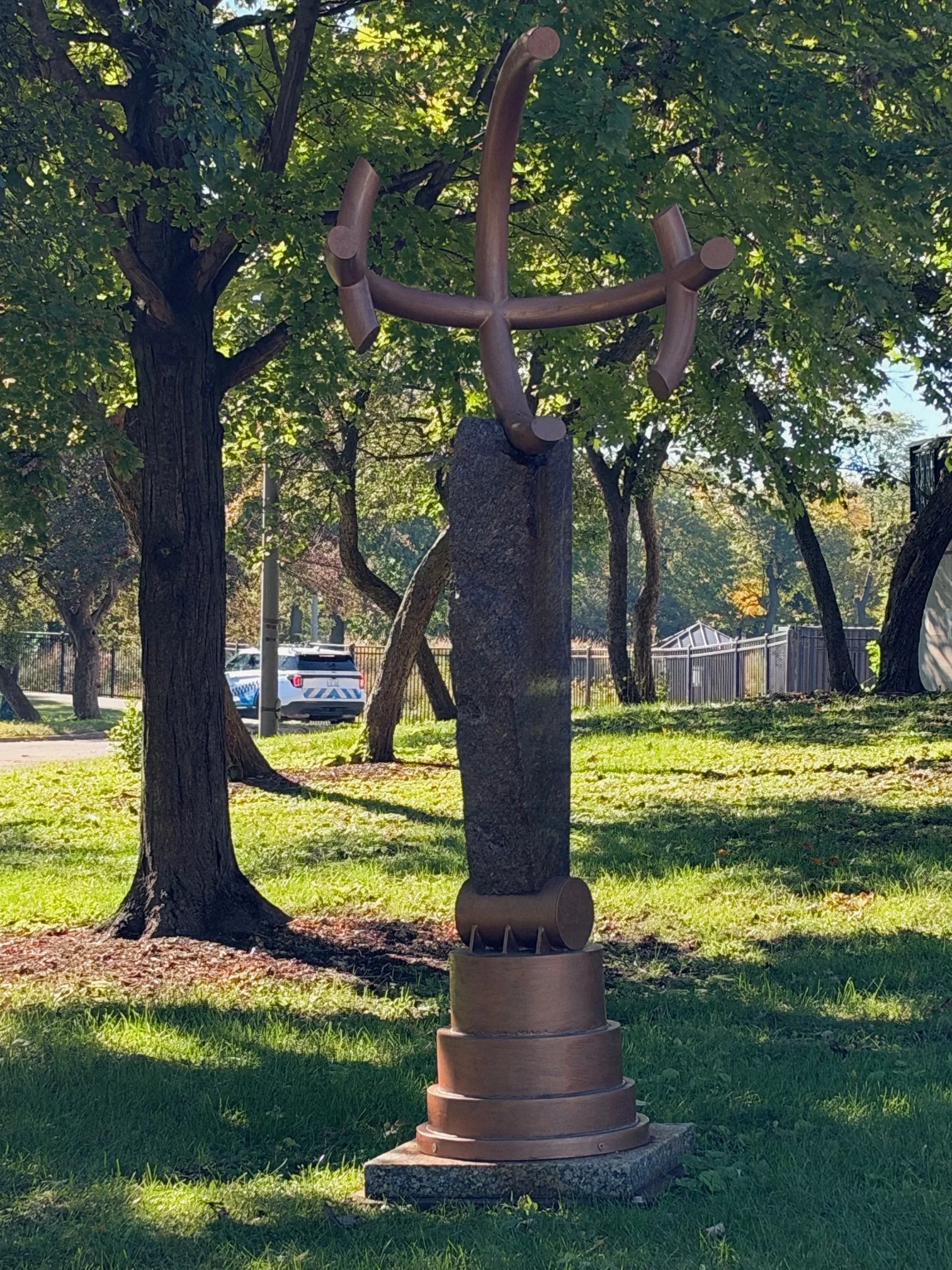 Douglass Park: "A New Beginning" by Terry Karpowicz, Granite, steel, 117 x 44 x 32 in.