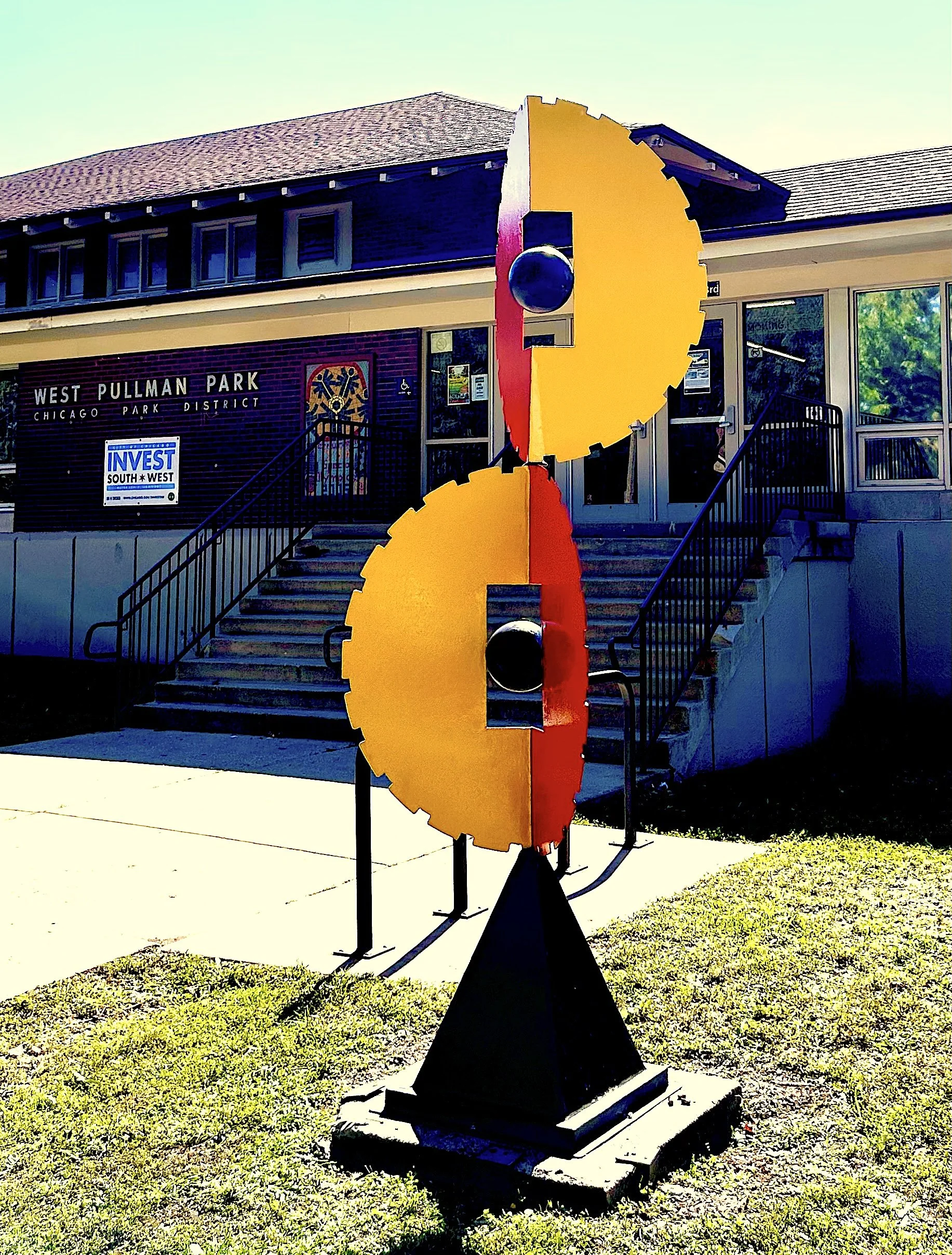West Pullman Park: "Conflict and Unity" by David Skora, Fabricated and welded steel, polychromed, 115 x 34 x 34 in.