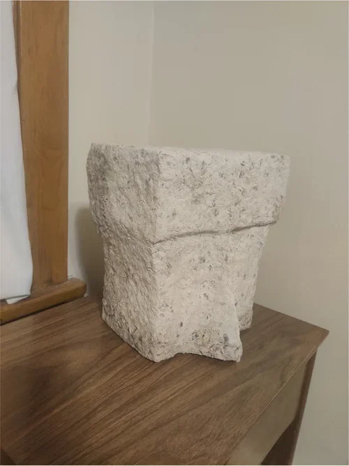 "231222" by Musa Ghaznavi, Newspaper, cardboard, 11 x 9 x 8-1/2 in.