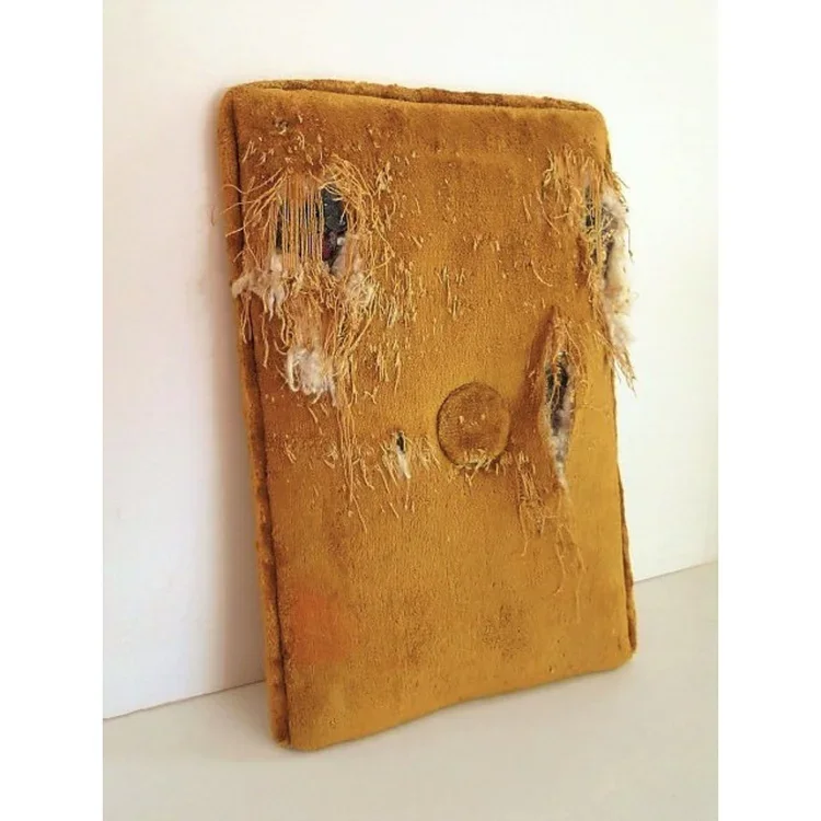 Ange Altenhofen, "Scratch", Vintage sofa armrest distressed by a cat; vintage wood paneling, gold leaf, faceted natural precious gemstones including ruby, aquamarine, diamond, topaz, garnet, citrine, amethyst, peridot, and emerald, 12-1/2 x 8-1/2 x 1