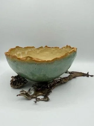 "Lull" by Bethany Cordero, 5.5"x 5.5"x 3", Glazed ceramics, wool textile and woven sterling silver wire