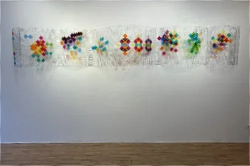 "Articulation of Form: PrismaGrid Layered Sketches" by Kara Cobb Johnson, Dimensions variable, Wire/steel fencing and transparent colored vinyl