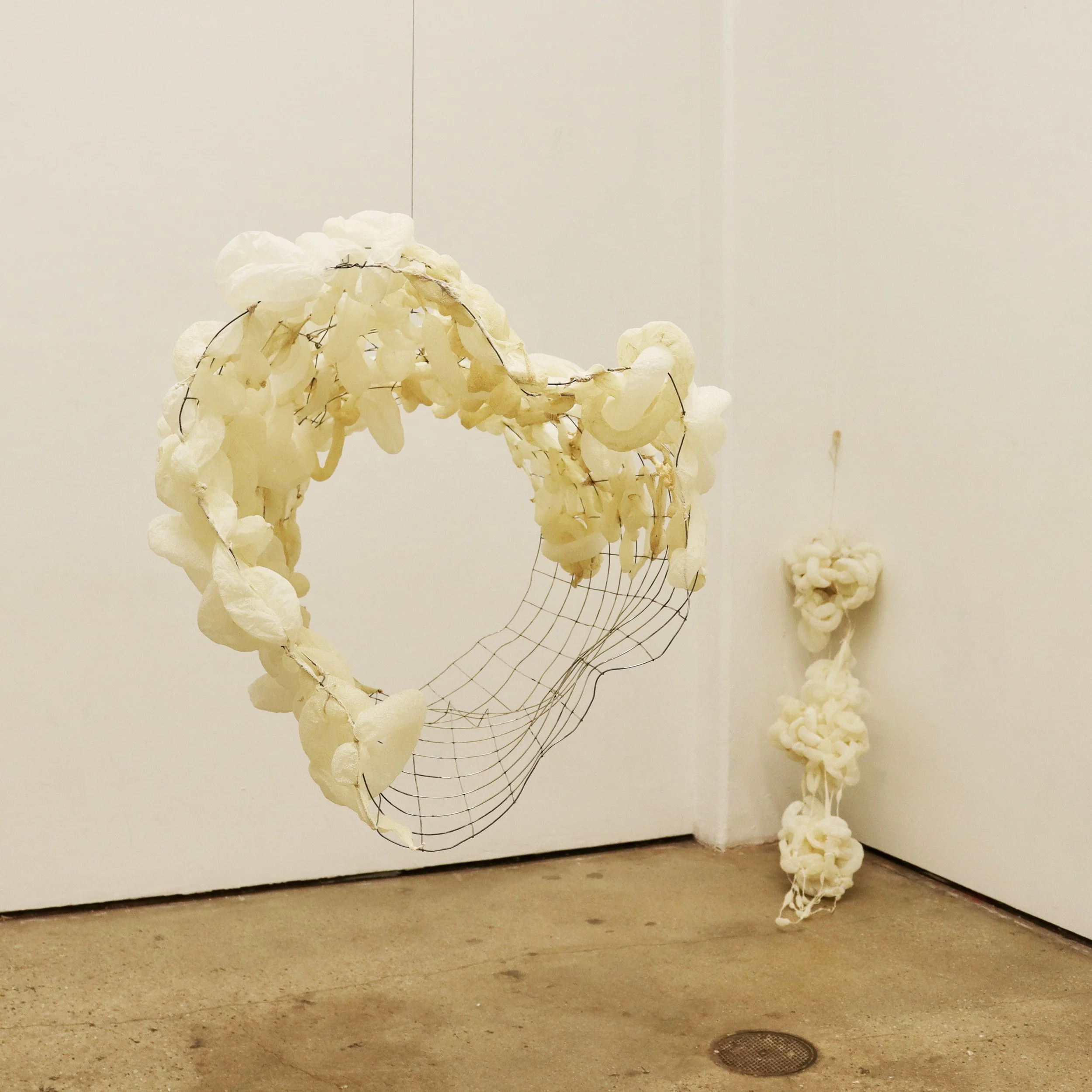 "Held at the Edge" by Won Ji Lim, Casing, wire mesh, 27 × 27 × 58 in, 13 × 13 × 62 in.