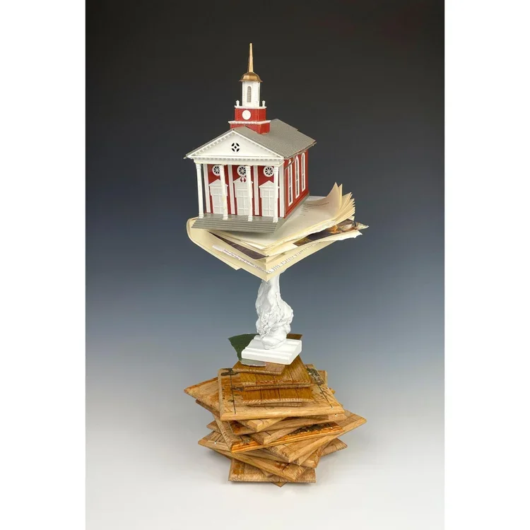 Chris Wubbena, "White Church", 
Medium: model, porcelain, paper, Styrofoam, tin foil, screen, wood, QR code, writing, 18 x 9 x 7 in.