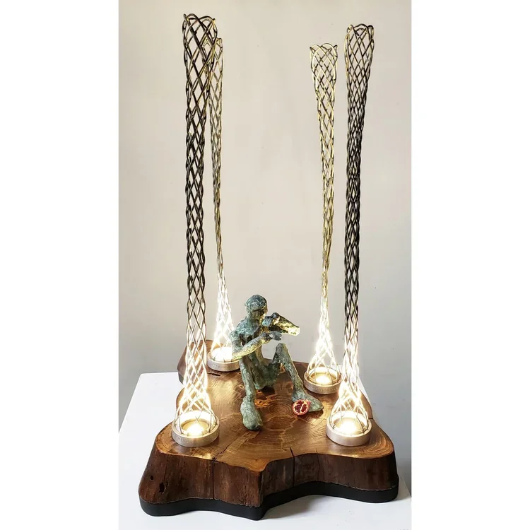 Peter N. Gray, "But I Just Had One Bite…", Elm Wood, Bronze Resin, Clay, Stainless Steel, LED lights, 20 x 13 x 18 in.