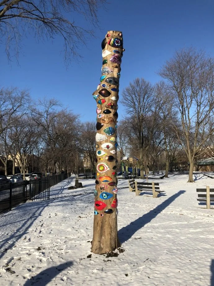 "The Watching Tree" (detail), by Paul Russell. Location: "The Watching Tree" by Paul Russell. Location: Pottawattomie Park
