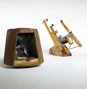 "Dialogue" (detail) by John T. Upchurch and Rebekka Federle, 4 1/2” x 7” x 5”, Antique print material, wood, sheet metal, string, steel wire, found objects