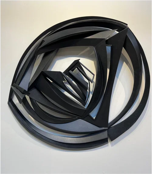 "Broken Steps and Fragile Ladders" by Darlys Ewoldt, 3" x 20" x 22", Bronze, copper and patina, hand-hammered, fabricated from metal sheet, chemical patina processes (coloration)