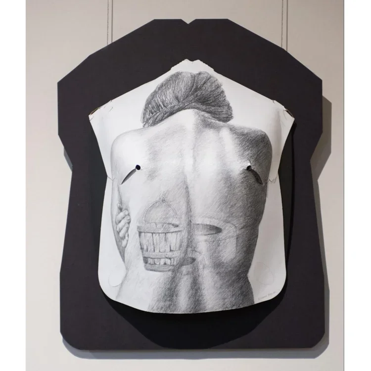 Suzanne Horwitz, "Front to Back", Dimensional drawing on disposable dress form, graphite, 18 x 24 x 3 in.