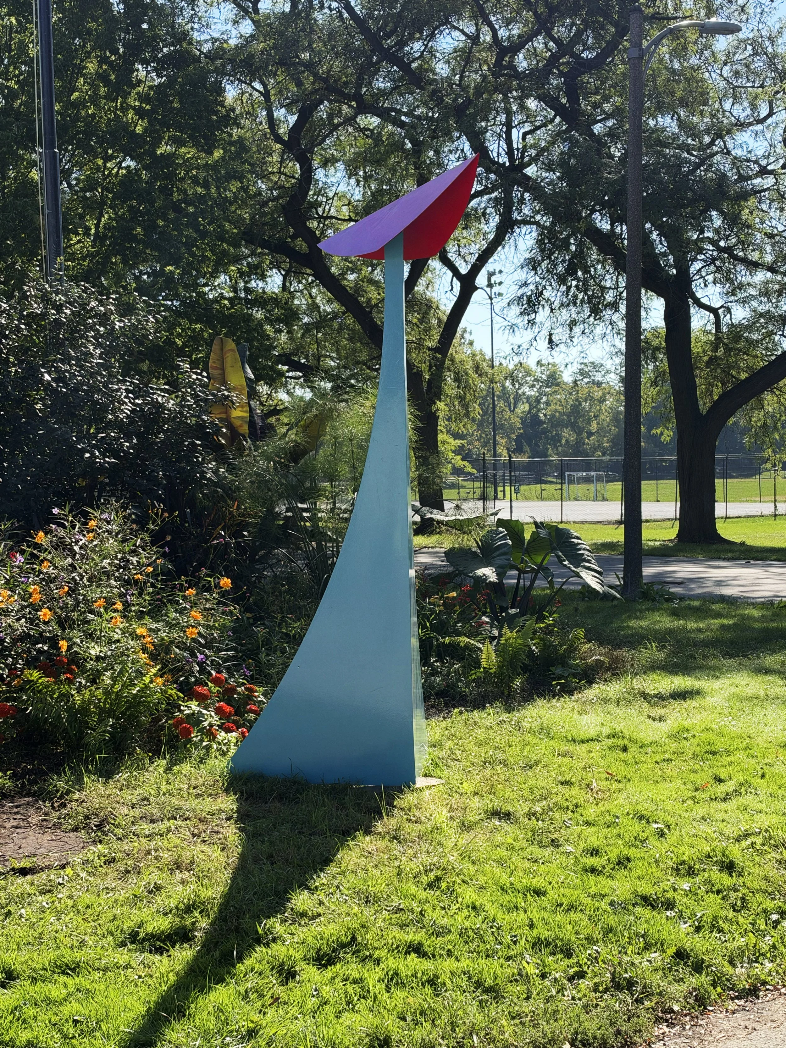 Palmer Park: "Cardinal (for Lynn)" bu Suzanne Knecht, Recycled industrial steel, painted, 11 x 4 x 4 ft.