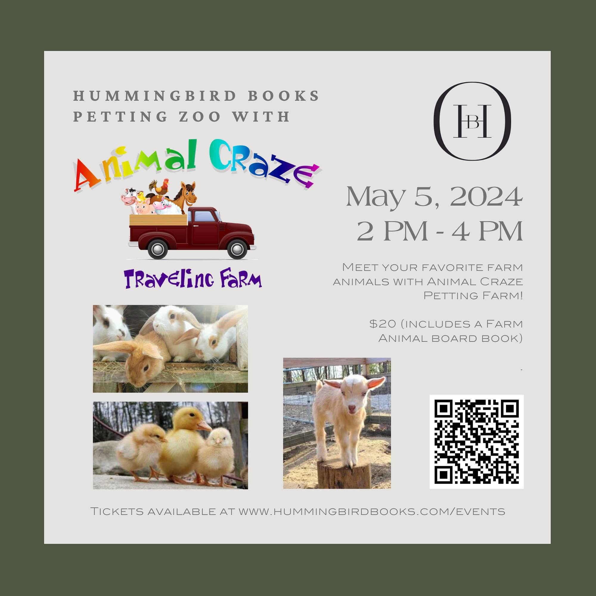 Meet your favorite farm animals at Hummingbird Books! On May 5, we are so excited to welcome @animalcraze.farm to the store. Get a chance to meet ducks, chicks, goats, and pigs! 🦆🐥🐐🐷

Tickets cover 15 minutes with the animals and a farm animal bo